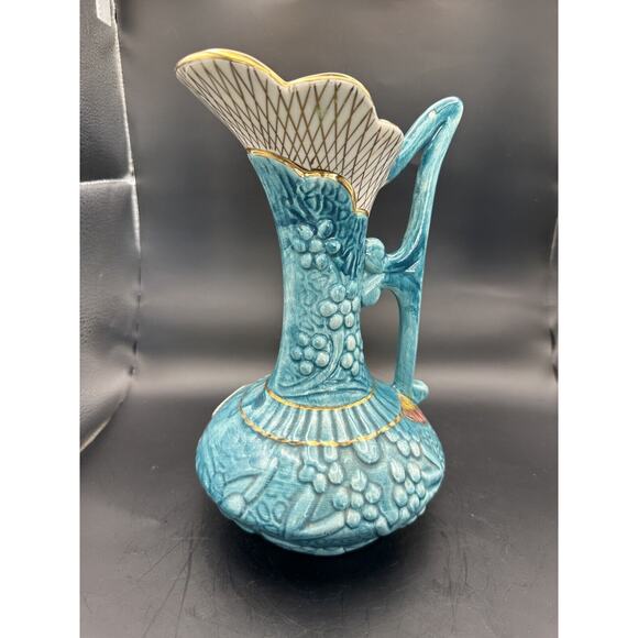 H Bequet Quaregnon Hand Painted Blue Gold Trim Pitcher Vase Belgium Anemone - Picture 4 of 10